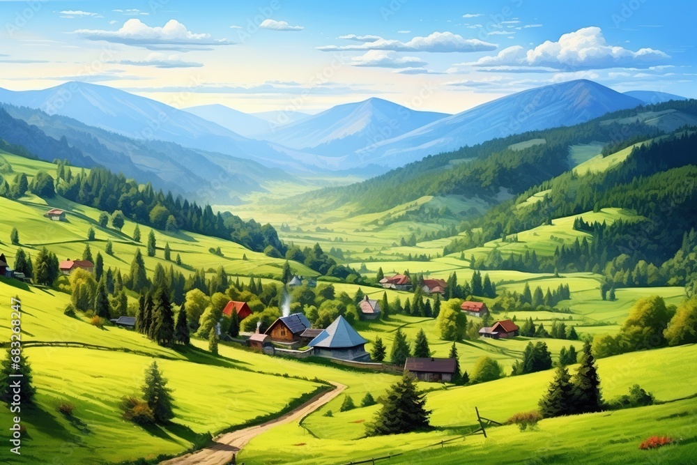 Obraz premium Beautiful landscape with green meadows and blue sky with clouds.