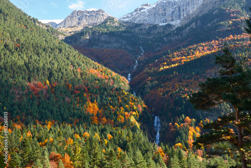 The red, ochre, yellow and green colors of autumn in the beech forests of the Pyrenees in the Bujaruelo valley, in the Ordesa y Monte Perdido National Park. Huesca. Aragon. Spain photo