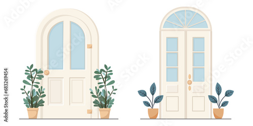 White front door with two pots with plants. Cartoon house illustration