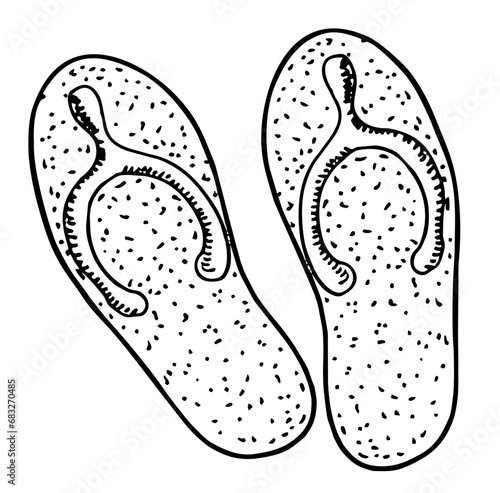 Summer beach flip flops sandals. Pair of flip flops, summer time vacation attribute, slippers, shoes, vector sketch illustration isolated on white background. Hand drawn travel Concept
