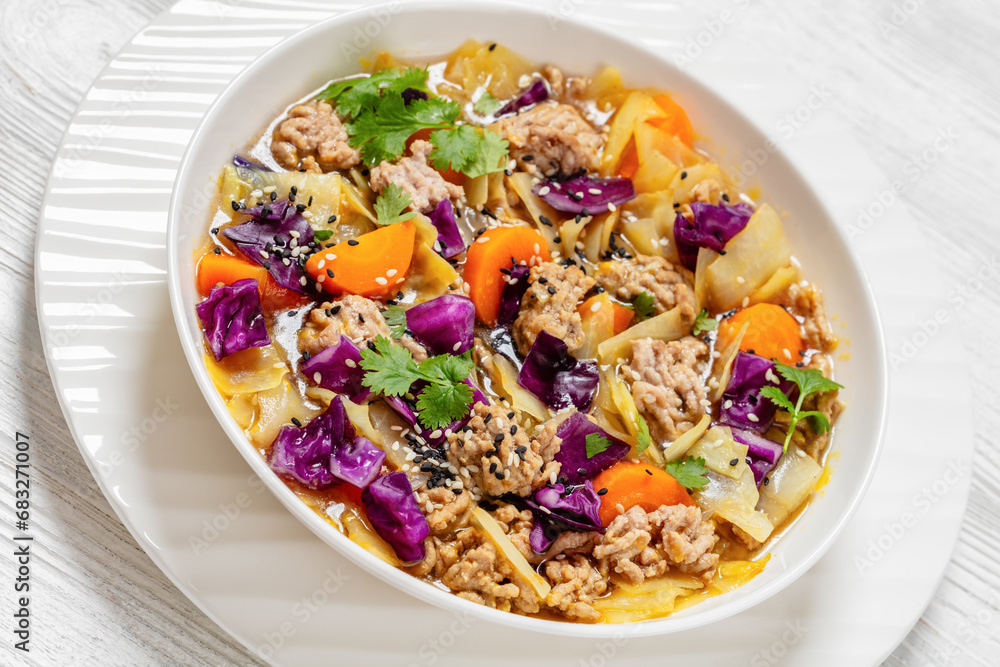 egg roll cabbage soup in bowl, top view egg roll cabbage soup in bowl, top view