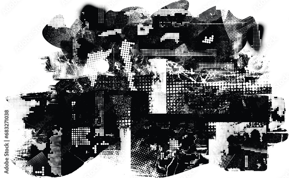 Obraz premium Glitch distorted grange shape . Noise grungy logo . Trendy defect error shapes . Glitched frame .Grunge textured . Distressed effect .Vector shapes with a halftone dots screen print texture.