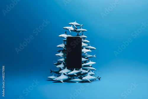 a hidden threat: shark on the surface of the mobile screen, digital addiction, a concept of cybersecurity. danger