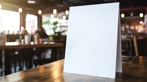 Menu Mock up blank for text marketing promotion. Mock up Menu frame standing on wood table in restaurant space for text. photo