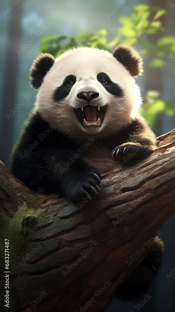 Panda bears in the wild of China, in the style of emotional body language, hardy, strong facial expressions, and light white. Beautiful nature.