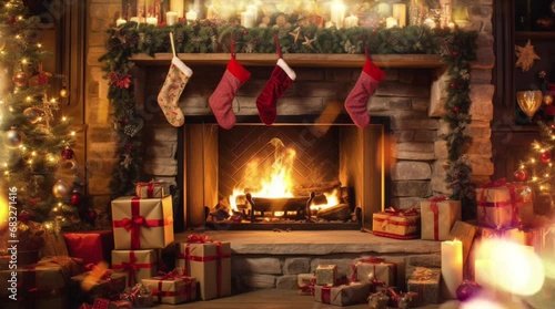 Cozy Christmas Fireplace Animation with Christmas stockings hanging by the chimney