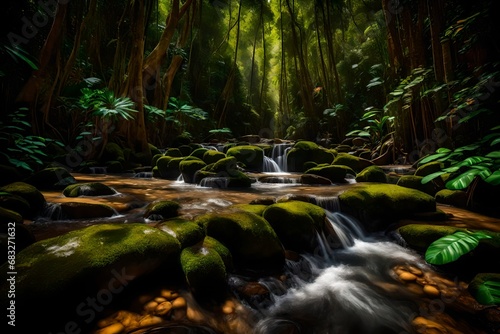 A thin stream of water flowing through rocks in a jungle
