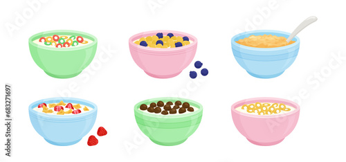 Cereal milk breakfast in bowl, cornflakes and porridge oatmeal, granola vector icon. Healthy food plate set isolated on white background. Sweet kids eating illustration