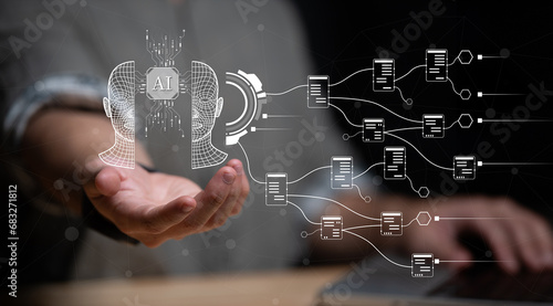 Data analysis of ai artificial intelligence process with technology processor to planning business information data, tech, network corporate concept.