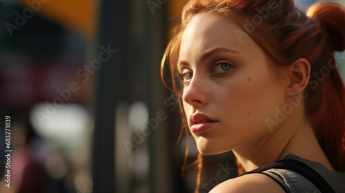 Portrait of young woman on the street. 