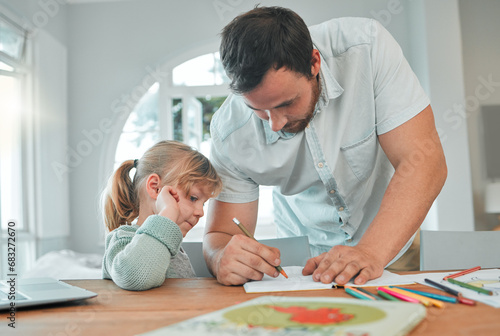 Father, girl and writing in book for homework, teaching or helping child in support at home. Dad or parent drawing with little kid for learning, education or homeschooling together on table at house