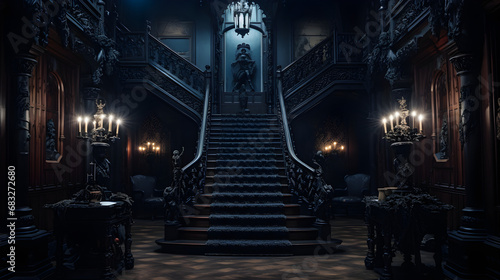 Abandoned mansion with grand staircases and chandeliers. photo