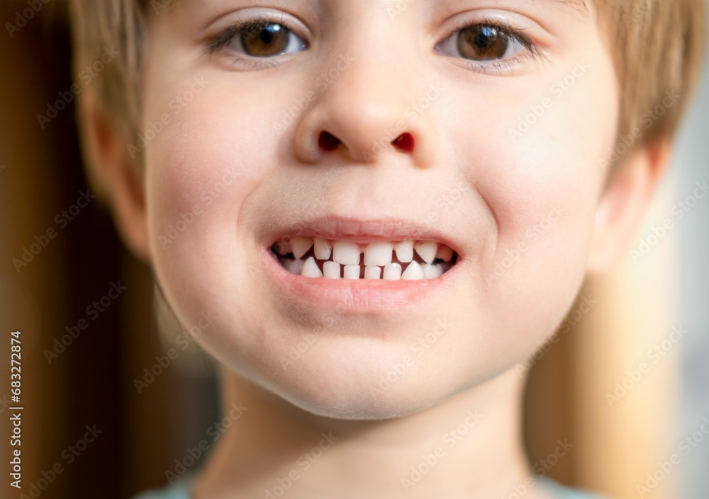 Close up headshot cropped image of little preschool cute boy widely smiling, showing the first baby milk teeth. Happy four years old small adorable cutie toddler with primary teeth. Close up headshot cropped image of little preschool cute boy widely smiling, showing the first baby milk teeth. Happy four years old small adorable cutie toddler with primary teeth.