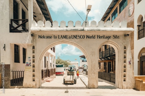 Tourists at the entrance of Old Town Lamu in Lamu Island, Kenya