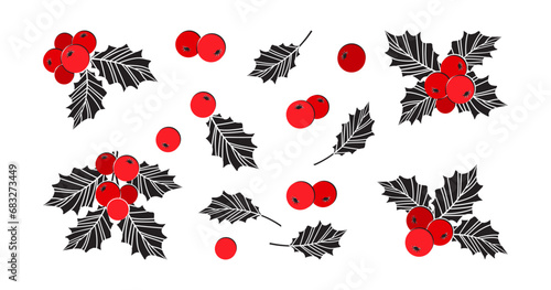 Christmas mistletoe vector icon, holly berry and leaf, red and black ilex branch, xmas plant set. Cartoon holiday illustration