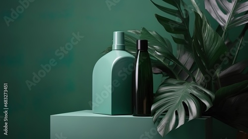 Premium podium background for the presentation cosmetic product with bottle green tropical plant leaf for beauty treatment products