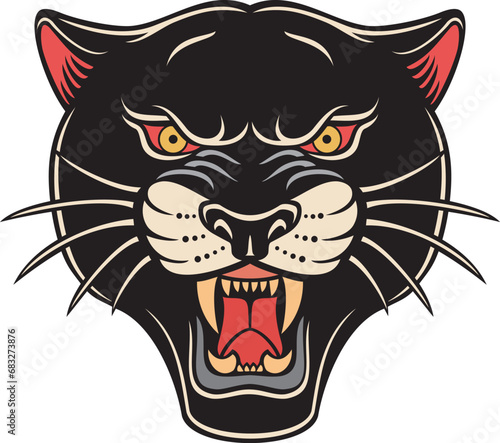 Traditional Panther Face Tattoo Design (Head). Vector Illustration.