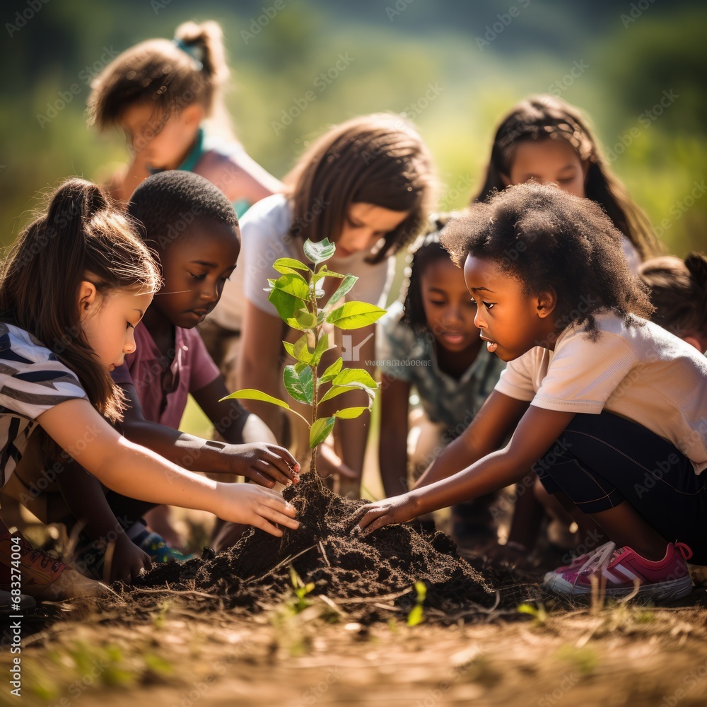 multicultural group of children planting a tree together, new generations saving the planet