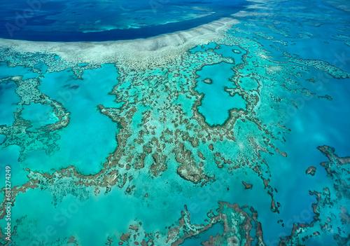 Aerial view of the coral reefs of the Whitsunday Islands off the coast of Queensland, Australia. © mrallen