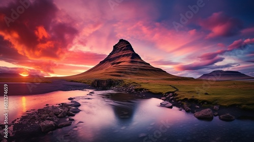 Iceland's Mount Kirkjufell features a striking sky. photo