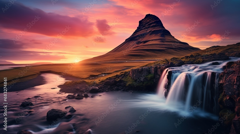Iceland's Mount Kirkjufell features a striking sky