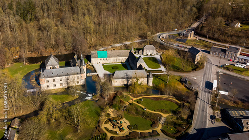 Aerial view of Spontin Castle (Château de Spontin), in Yvoir, Belgium photo