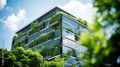 Eco-friendly building modern city sustainable glass building Ecology concept Office building with green environment photo