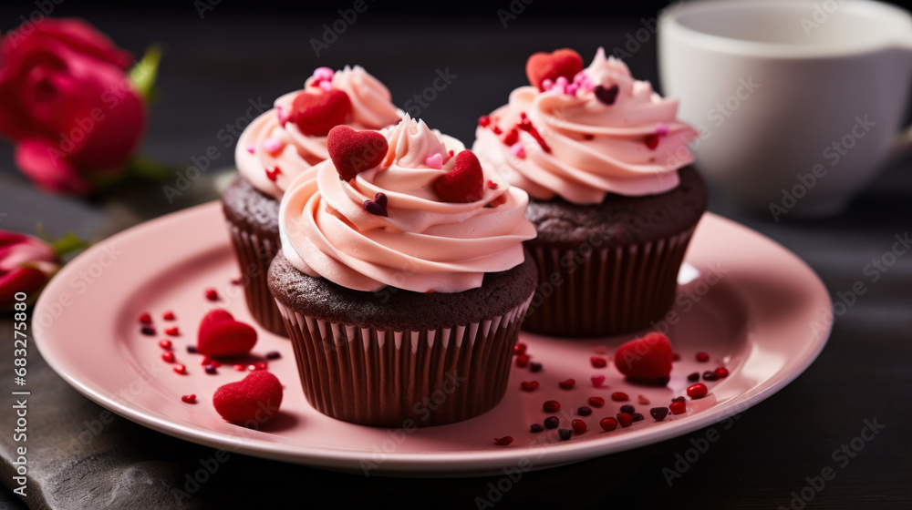 Close-up of delicious chocolate cupcakes with pink cream decorated with edible hearts and fresh raspberries. Surprise for Valentine's Day. Gift, food concept.