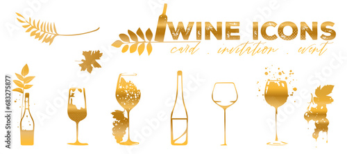 Wine icons - Collection of wine glasses and bottles. Elements for invitation cards, advertising banners and menus.