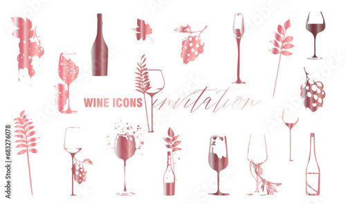 Wine icons - Collection of wine glasses and bottles. Elements for invitation cards, advertising banners and menus.
