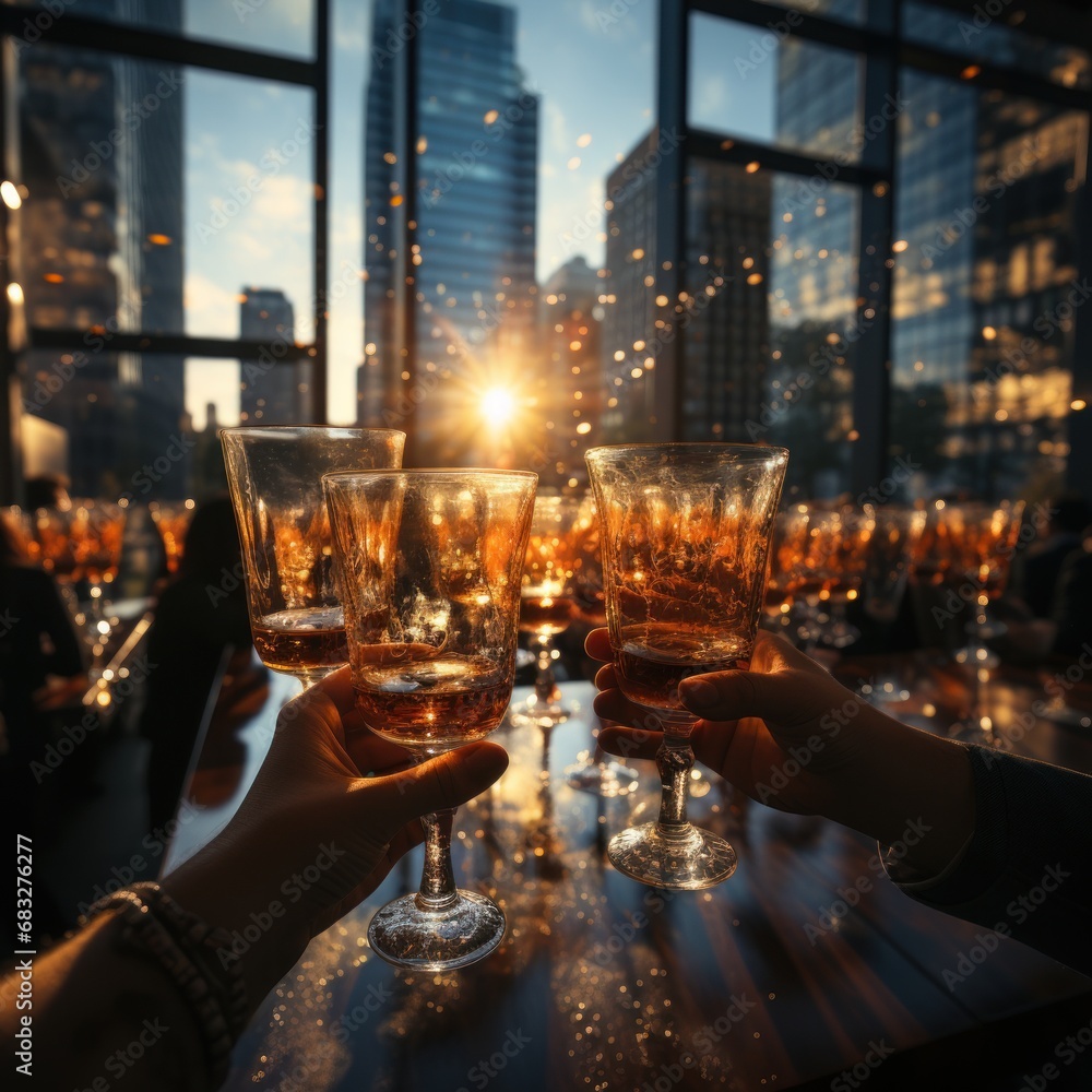 Cheers with both glasses concept of friendship, cooperation, business, love, affection, inside a tall glass office building, good for business, wallpaper, banner, decor etc. Generative Ai Image