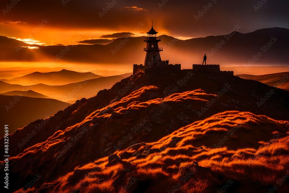 A tower at the top of a mountain stands proudly against a fiery sunset