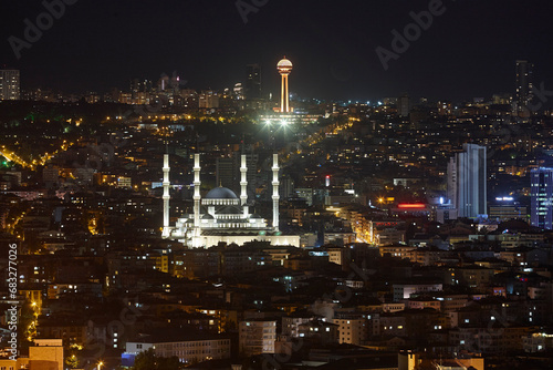 Ankara skyline by night. Mosque and Atakule comunication tower. Turkey