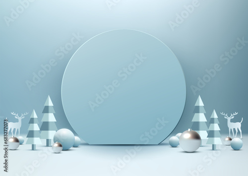Christmas Podium Decoration with Soft Blue Circle Backdrop and Pine Tree for Product Display