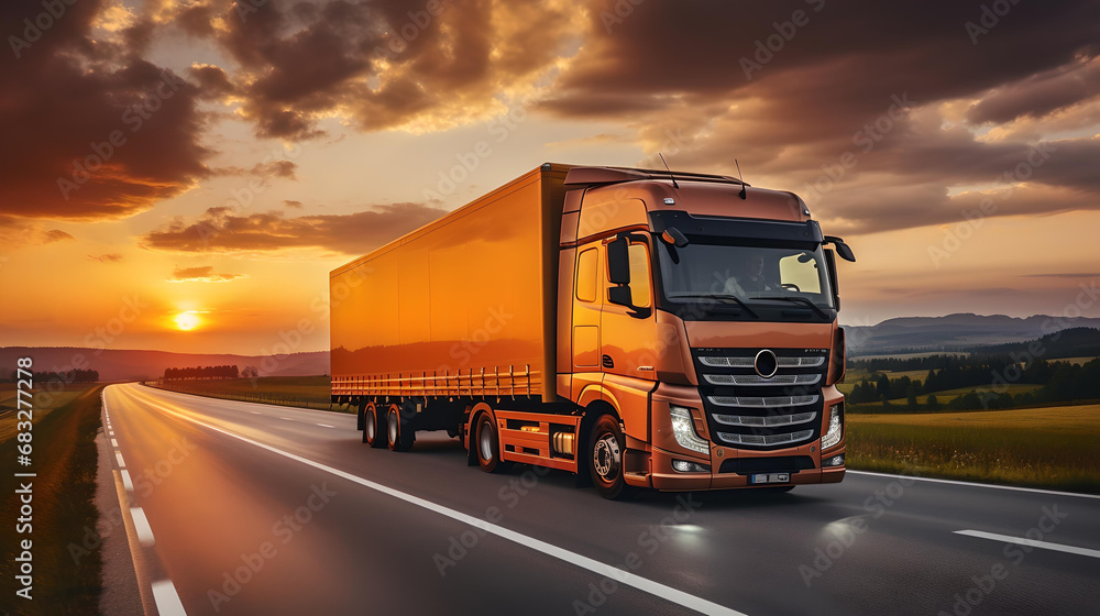 Truck and trailer on a highway at sunset, transporting cargo and logistics, delivery heavy.