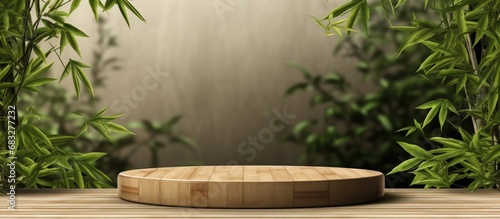 Zen backdrop presentation with podium stand empty wooden table bamboo plants oak wood wall © Vusal