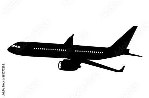 Airplane in flight side view black silhouette clipart on white. Flat shape in stencil style. Simple vector picture for aircraft and civil aviation illustration, transport or air travel design, print.