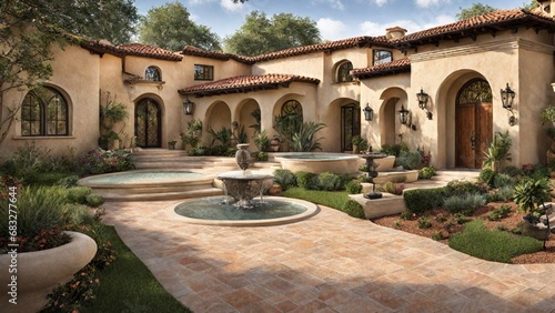 a Mediterranean-inspired exterior with stucco walls, terracotta tiles, and wrought-iron accents. Include a courtyard with a fountain.