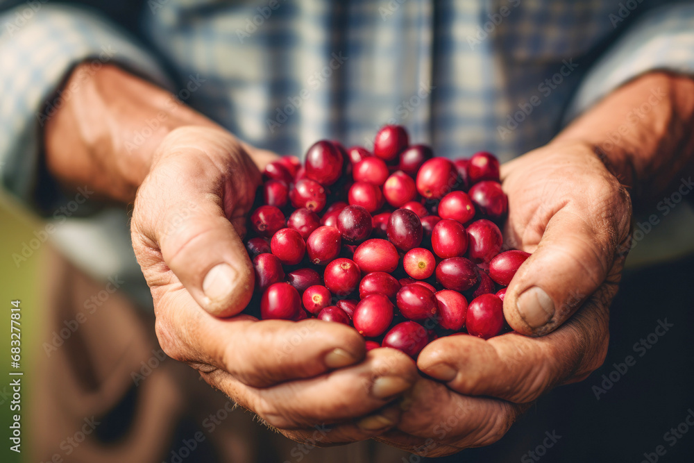 The farmer's hands hold freshly harvested coffee beans, the key to a fine cup of espresso The farmer's hands hold freshly harvested coffee beans, the key to a fine cup of espresso
