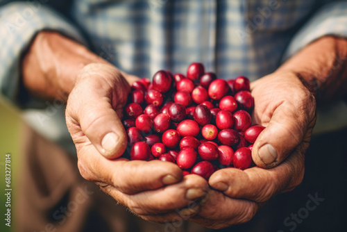 The farmer's hands hold freshly harvested coffee beans, the key to a fine cup of espresso © EdNurg