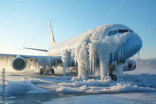 An abandoned passenger airplane covered in frost and snow, sitting on an icy airfield during winter. photo