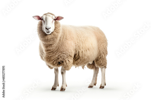 A cut-out image of a domestic merino sheep with ample copy space.