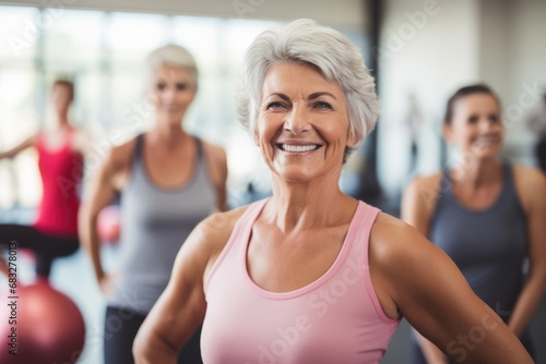 Happy Senior Woman Exercising With Group In Gym. Сoncept Fitness For Seniors, Group Exercise, Active Aging, Senior Fitness, Gym Workouts photo