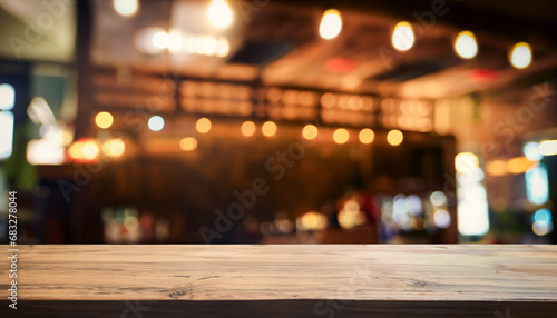 Empty wooden table rustic and blurred background of bar or pub. For product display. High quality photo