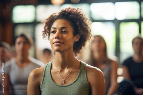 Mixed Race Woman Portrait And A Group Practicing Yoga