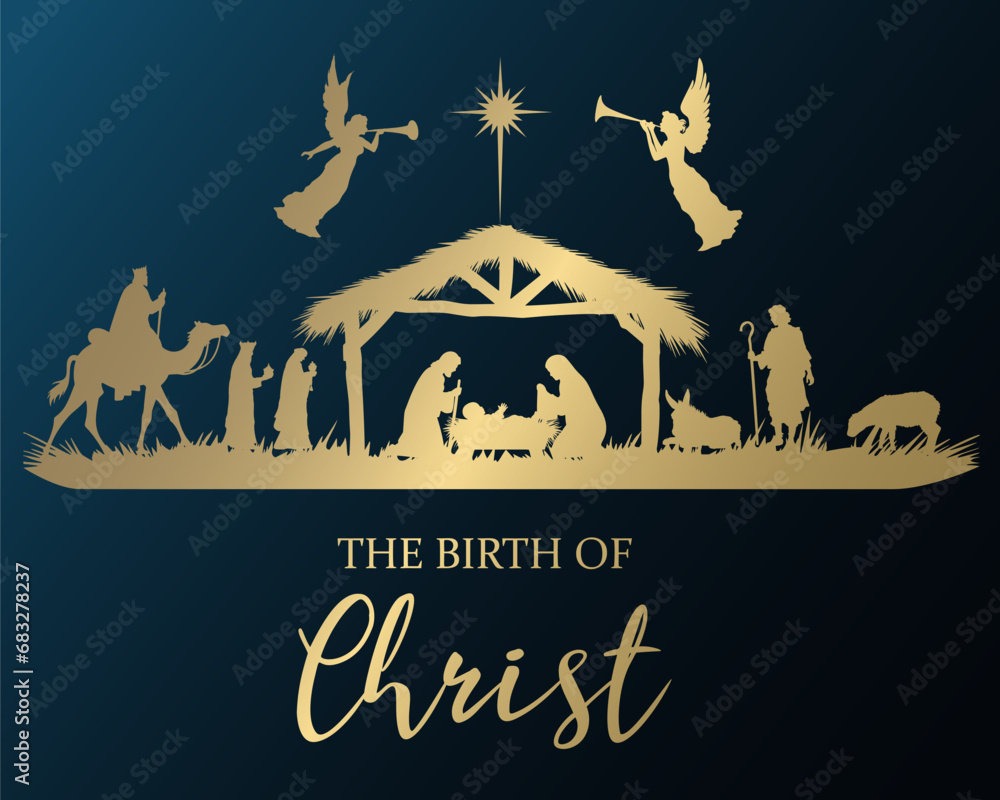  Historically accurate nativity scene with Joseph Mary Baby Jesus shepherd Wisemen Angels and the star - obrazy, fototapety, plakaty 
