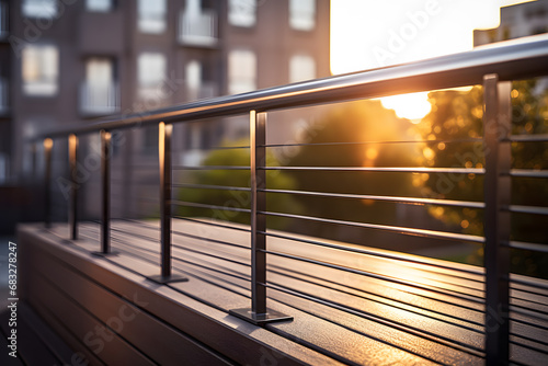Balcony of a modern apartment building at sunset, close-up aluminum railings construction ai generated art