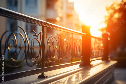 Metal railing in the city at sunset. Selective focusai generated art photo