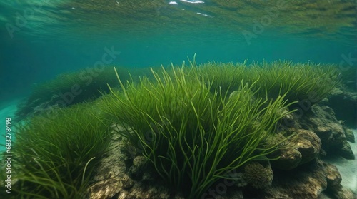 Underwater view of seabed with green seaweed under water.