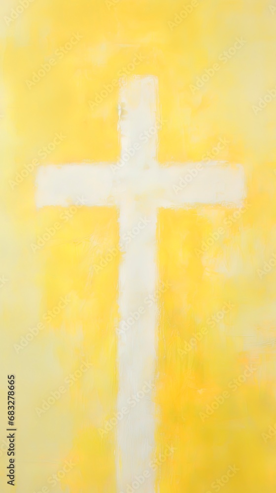 Grungy abstract yellow and white christian themed background with a cross. Easter concept with room for text.